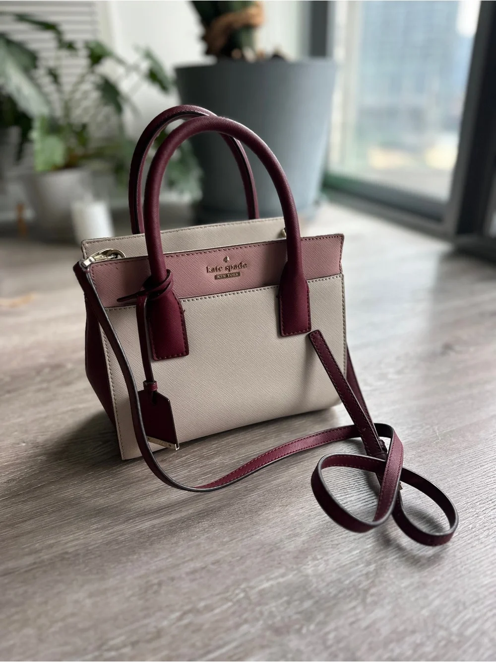 kate spade Cream and Burgundy Leather Top-Handle Satchel